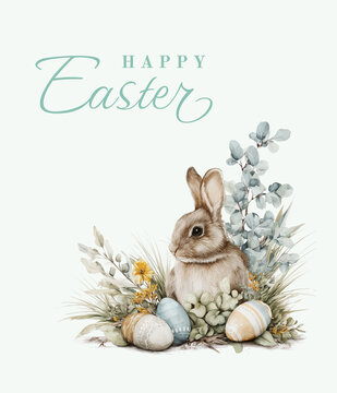 Elegant watercolor Happy Easter card with bunny, eggs and flowers, hand-painted look, pastel colors