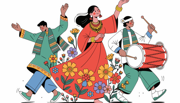 Three individuals celebrating Bohag Bihu in traditional attire, surrounded by colorful flowers, with one playing a drum and others dancing joyfully in a vibrant spring setting