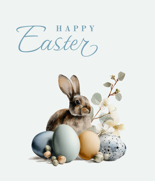 Elegant watercolor Happy Easter card with rabbit, eggs and flowers, hand-painted look, pastel colors