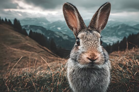 An adorable fluffy wild rabbit with long ears poses curiously on a grassy mountain slope in an alpine meadow under a cloudy sky showcasing natural bea