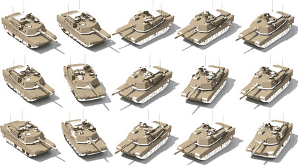 3D rendered grid illustration of modern military battle tanks in multiple angles, showing turret, barrel, antenna, caterpillar tracks, and armored design for defense visualization and simulation.