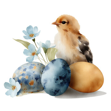 Watercolor Easter elegant illustration with chick, pastel subdued colors, elegant mood, natural Easter eggs, spring flowers, transparent background