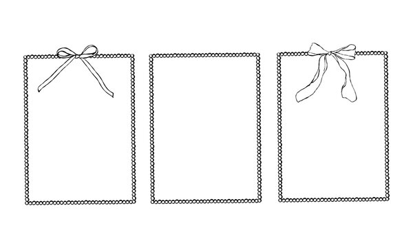 A vintage set of whimsical vertical frames with bows and ribbons in a linear style. Rectangular pearl frames for wedding and holiday invitations and cards. Black vector outline.