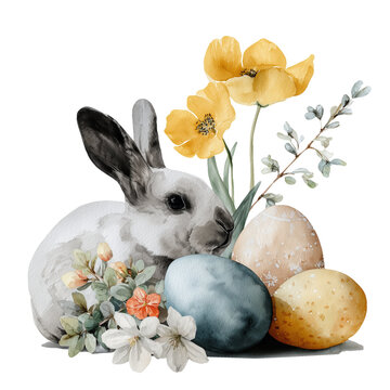 Watercolor Easter elegant illustration with grey bunny, pastel subdued colors, elegant mood, decorated Easter eggs, spring flowers, transparent background