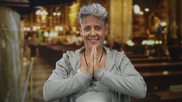Woman presses hands together in a dimly lit stone church interior aisle, wearing casual grey hoodie with necklace; serenity devotion faith.
