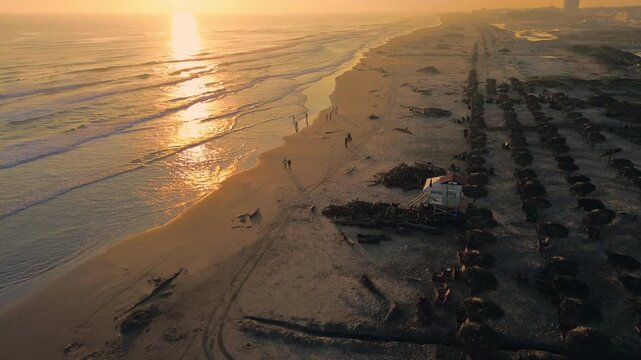 Aerial Drone 4K Panorama of Miramar Beach at Sunset with Strong Yellow Light and Calm Sea Waves in Tampico Madero Tamaulipas Mexico
