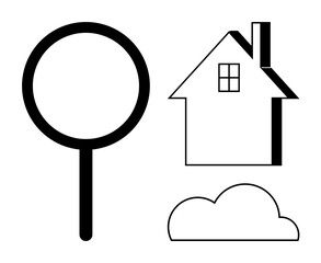 Real estate, online search, property discovery, cloud technology, housing services, visual . Magnifying glass, house and cloud illustrations. Real estate and online search concept