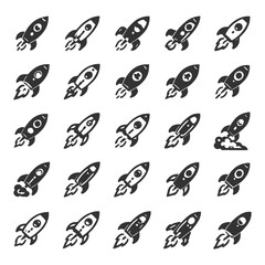 Vector set of rocket icon variations in black and white.