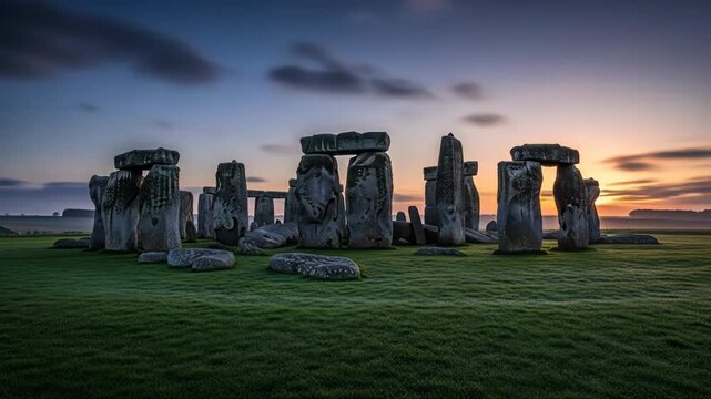 Ancient stone structure on grassy field with sunset background