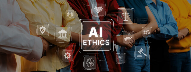 A diverse group of individuals stands together, focusing on the concept of AI ethics, featuring various icons signifying responsibility, justice, and technology for society. Trope © InfiniteFlow