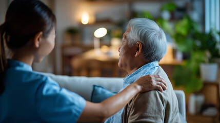 Obraz premium Wide bright home care scene of a faceless Asian nurse from behind seated close beside an elderly male patient on a home sofa dedicated and attentive posture warm domestic home