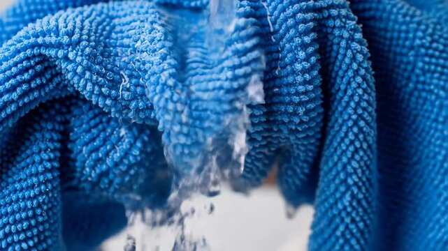 A vibrant blue microfiber cloth with water pouring through it