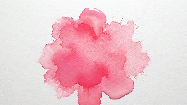 Pink liquid paint blob spreading on textured white watercolor paper