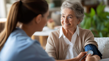 Obraz premium Wide bright home care scene of a faceless caregiver from behind performing a routine health assessment on an elderly woman seated in a bright home armchair a blood pressure cuff