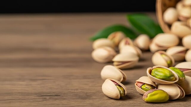 A wooden surface with scattered pistachios, some cracked open revealing green interiors, and a blurred background