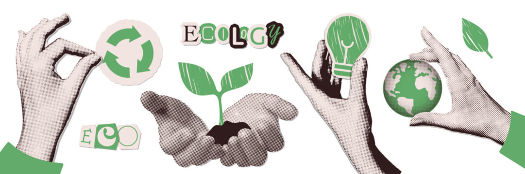 Retro eco collage set with halftone hands holding green plant, lightbulb, earth globe and recycling sign. Sustainable energy, environment protection and ecology concept vector illustration