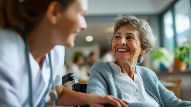 Wide bright Australian nursing home scene of a faceless nurse from behind assisting an elderly woman in a wheelchair engaging warmly in conversation bright institutional room