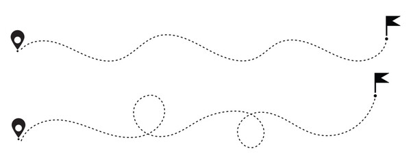 Route icon - two points with dotted path and location pin.  Travel vector icon. Travel from start point and dotted line tracing. vector illustration © BLACK Studio