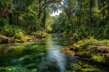 Obraz premium Crystal clear river flowing through New Florida wilderness, dense tropical forest, rocks and greenery, peaceful nature scene