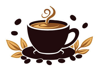 A steaming cup of rich, dark coffee sits on a saucer, surrounded by roasted coffee beans and decorative leaves, evoking warmth and aroma.