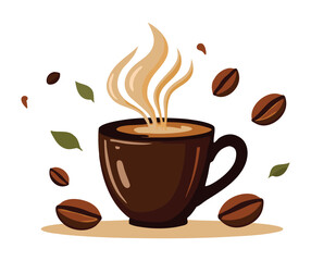 Obraz premium Aromatic hot coffee in a dark brown mug, with steam rising and coffee beans scattered around, evoking warmth and morning comfort.