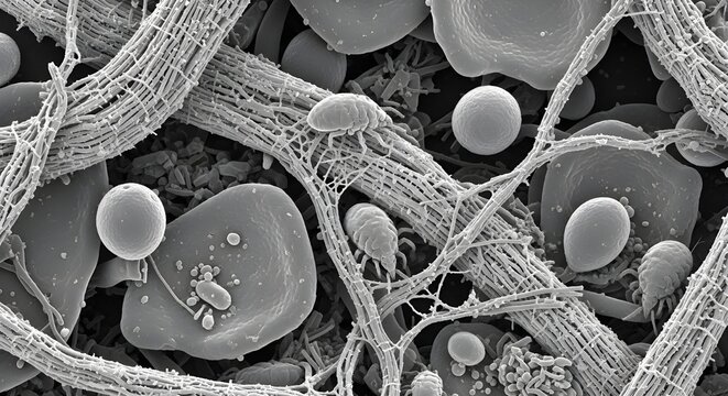 This scanning electron micrograph captures a detailed, high-magnification view of dust mites (Dermatophagoides) crawling across a complex landscape of textile fibers and various organic particles.