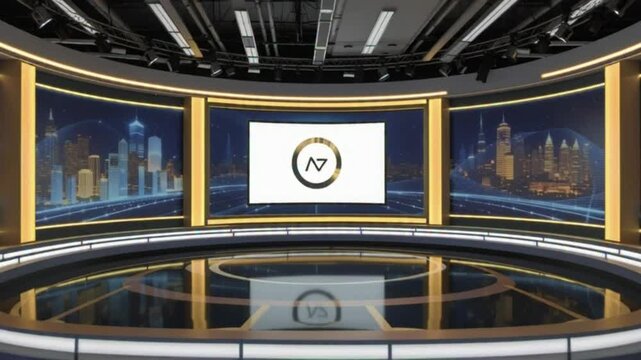 A futuristic news studio with a cityscape background and a sleek desk