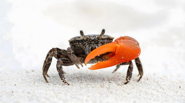 Fiddler crab with oversized claw on white sand macro shot