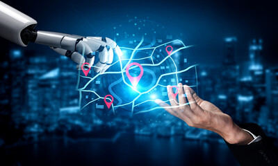 A smart AI assistant calculates the optimal delivery route using GPS navigation. This virtual system places location pins on a map to track a destination in real-time. Fermion © InfiniteFlow