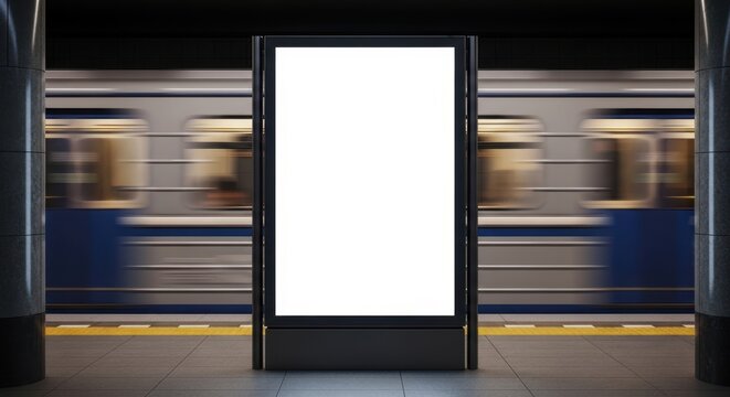 blank advertising billboard standing on subway platform with motion blurred train passing behind in modern underground station interior with columns and tiled floor copy space banner