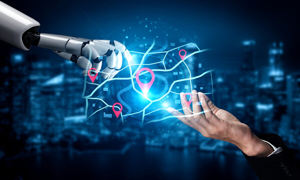 A smart AI assistant calculates the optimal delivery route using GPS navigation. This virtual system places location pins on a map to track a destination in real-time. Fermion