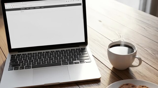 A laptop sits on a wooden table next to a coffee mug and plate of cookies