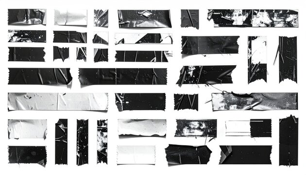 Collection of black and gray tape pieces, various sizes, on a white background