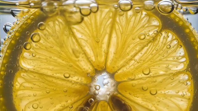 A close-up of a yellow citrus slice submerged in water with bubbles