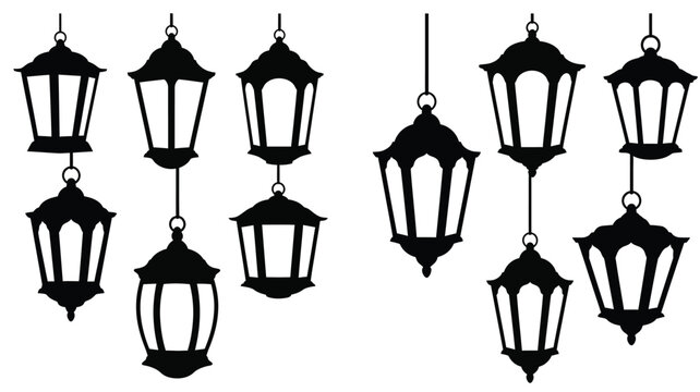 Black hanging lanterns displayed in a repeating pattern a dark silhouette