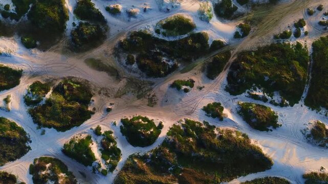 4K drone footage of the iconic sand dunes at Miramar Beach in Tampico Madero. The scene captures the golden hour light over the coast, highlighting a popular vacation spot for recreation and peace.
