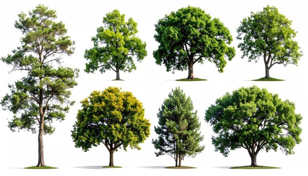 Collection of diverse trees with green foliage isolated against a white background