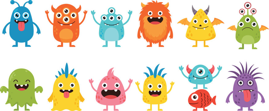 Set of cute cartoon monster characters, friendly colorful alien creatures with horns and eyes, vector mascot illustrations for kids design projects