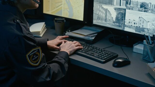 Over shoulder shot of unrecognizable woman working as dispatcher at police station and using computer with city street CCTV feed, focus on hands typing, copy space