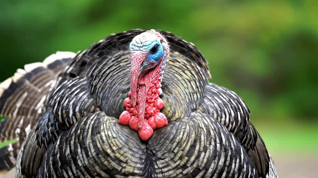 Majestic Wild Turkey Close-up with detailed view of colorful head and feathers for Thanksgiving and wildlife educational content.
