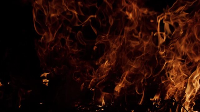 Fire flames spreading dynamically. Fire burning dramatic heat. Fire glowing orange firelight. Fire abstract design resource.