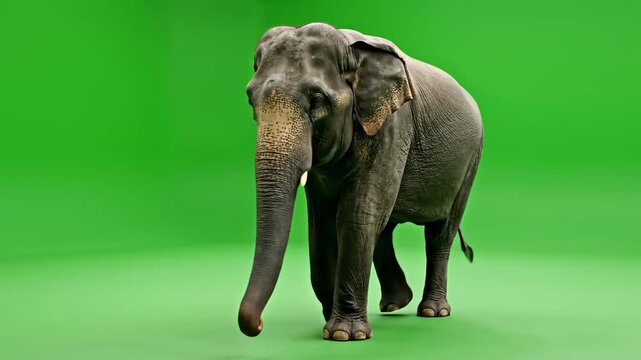 Majestic Asian Elephant Walking on Green Screen for Wildlife Documentaries and Visual Effects Compositing.