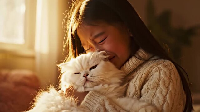 Heartfelt Moment of a Sad Young Girl Crying and Hugging Her White Cat in Warm Sunlight, Ideal for Emotional Storytelling and Pet Loss Awareness.