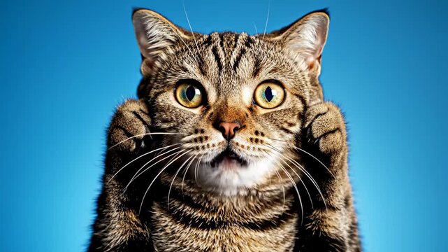 Funny Surprised Cat Holding Its Head with Paws Against Blue Background for Social Media Memes and Pet Care Advertisements.