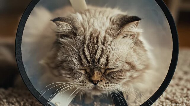 Adorable Fluffy Cat wearing a medical protective cone collar ideal for veterinary care and pet health content.