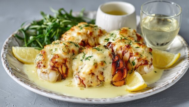 Delicious Baked Lobster Tails with Lemon Butter Sauce and Fresh Greens.