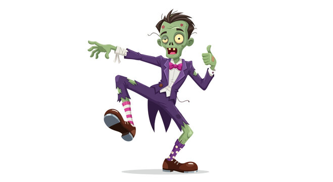 Cartoon zombie in purple suit dancing.