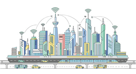 Obraz premium Futuristic smart city with high-speed train, cars, and wifi connectivity, urban development concept