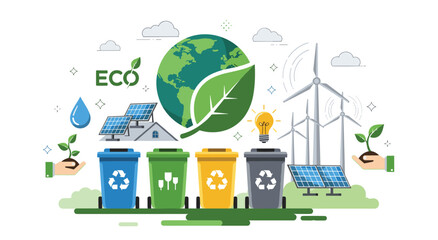 Fototapeta premium Eco-friendly concept with recycling bins, solar panels, wind turbines, and globe, ecology symbol