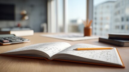 Obraz premium Modern work desk with open notebook, calculator, and pencil in bright daylight